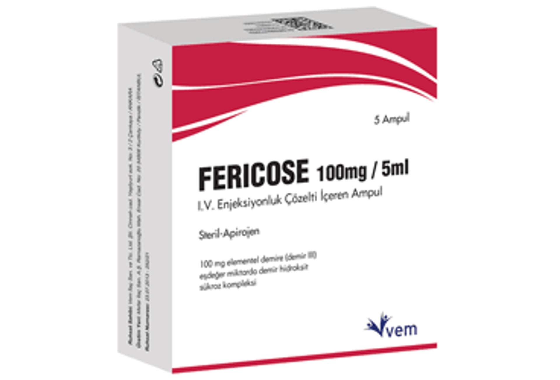 FERICOSE 100 MG/5 ML IV ENJEKSIYONLUK COZELTI ICEREN 5 AMPUL FERICOSE 100 MG/5 ML IV ENJEKSIYONLUK COZELTI ICEREN 5 AMPUL